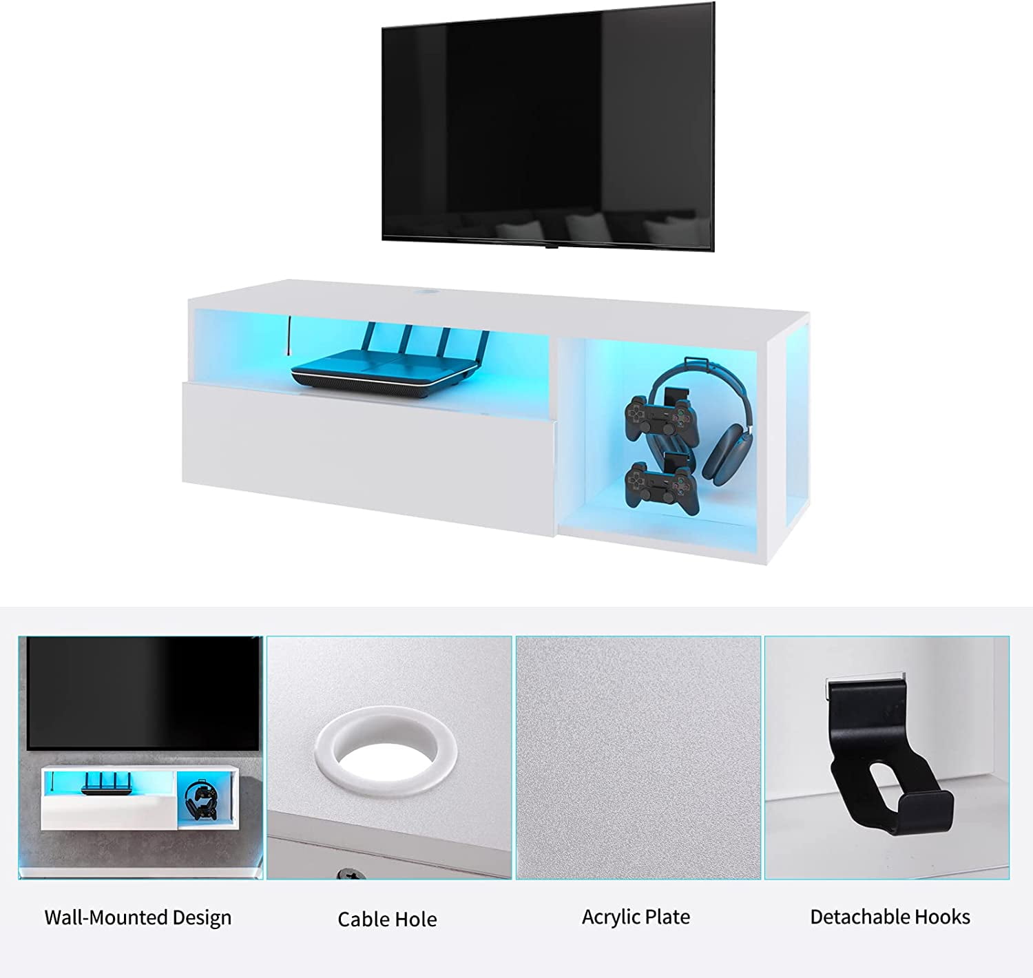 SogesPower 39.3 inches Length Floating TV Stand with Lights,Floating Entertainment Center, Suitable for Maximum Screen Size of 65 Inches,White
