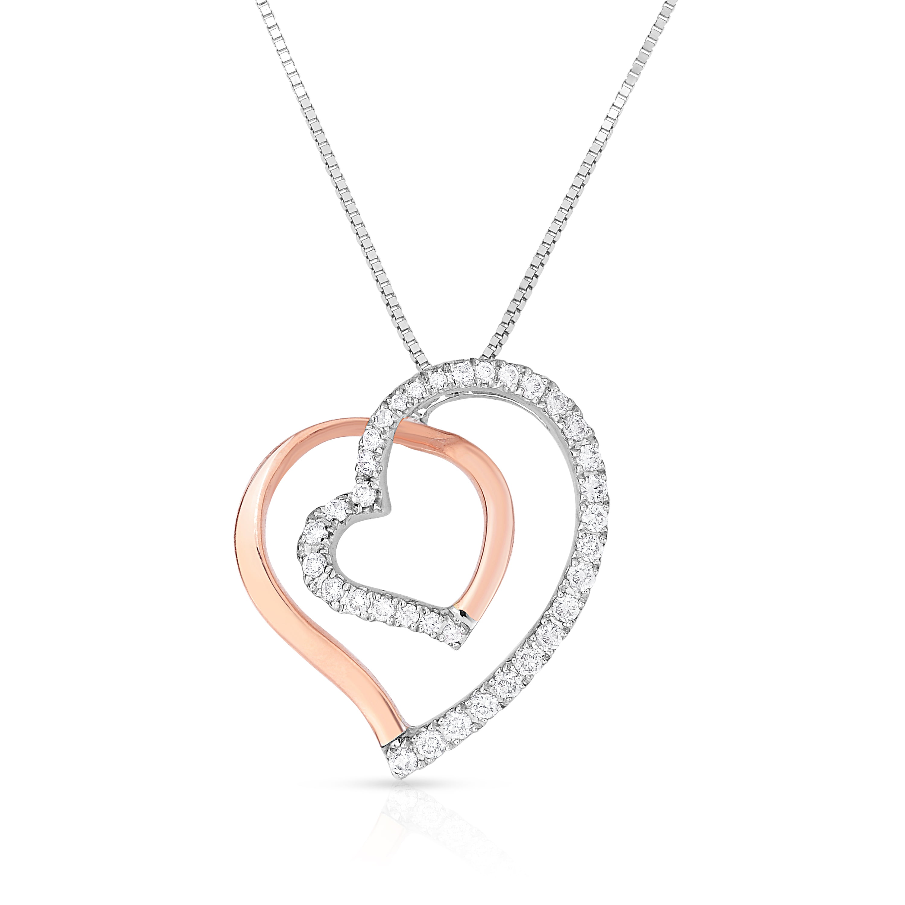 Double 3D Heart Pendant Necklace Real Natural Diamonds Real 10K White Gold 