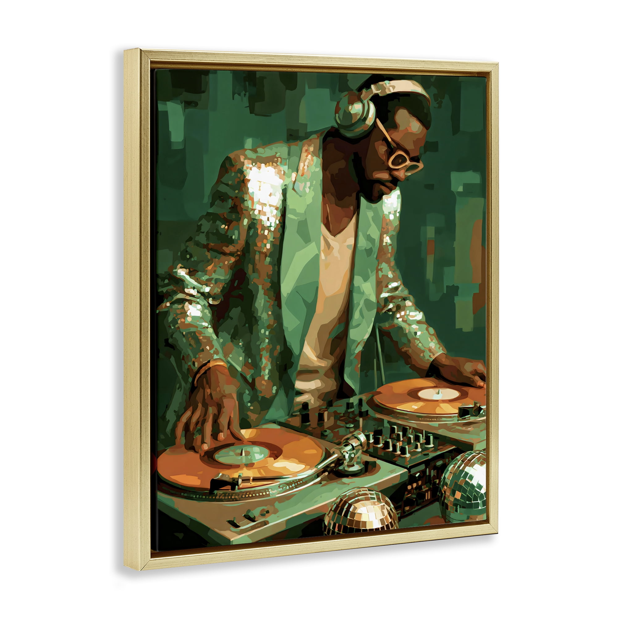 Stupell Industries Green Disco DJ Music Gold Framed Floater Canvas Wall Art, design by Franklyn Gregory