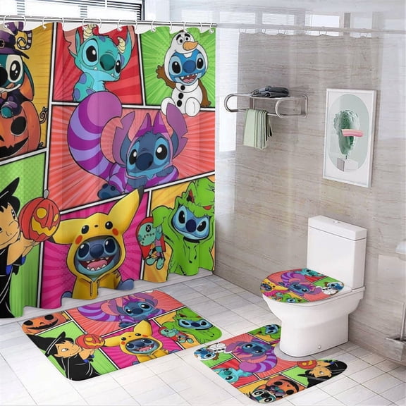 4 Piece Shower Curtain Set with Rugs Stitch Shower Curtain Bathroom Sets Decor Waterproof