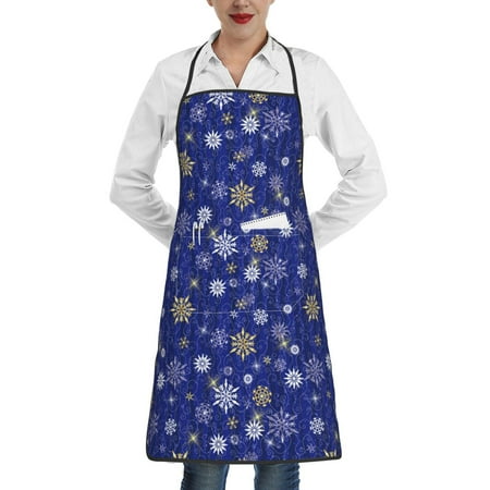 

Yiaed Golden Snowflakes Royal Blue Print Kitchen Apron with Hand Wipe Pockets Big Pocket Aprons for Women with Pockets Waterproof for Cooking Baking