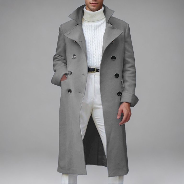 qolati Mens Trench Coat Fall Winter Double Breasted Notch