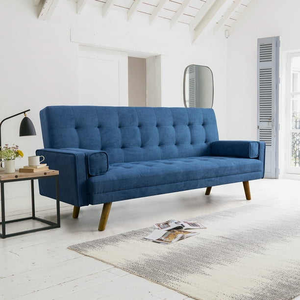 Walnew Fabric Pin Tufted Split Back Sofa Bed, Blue Linen