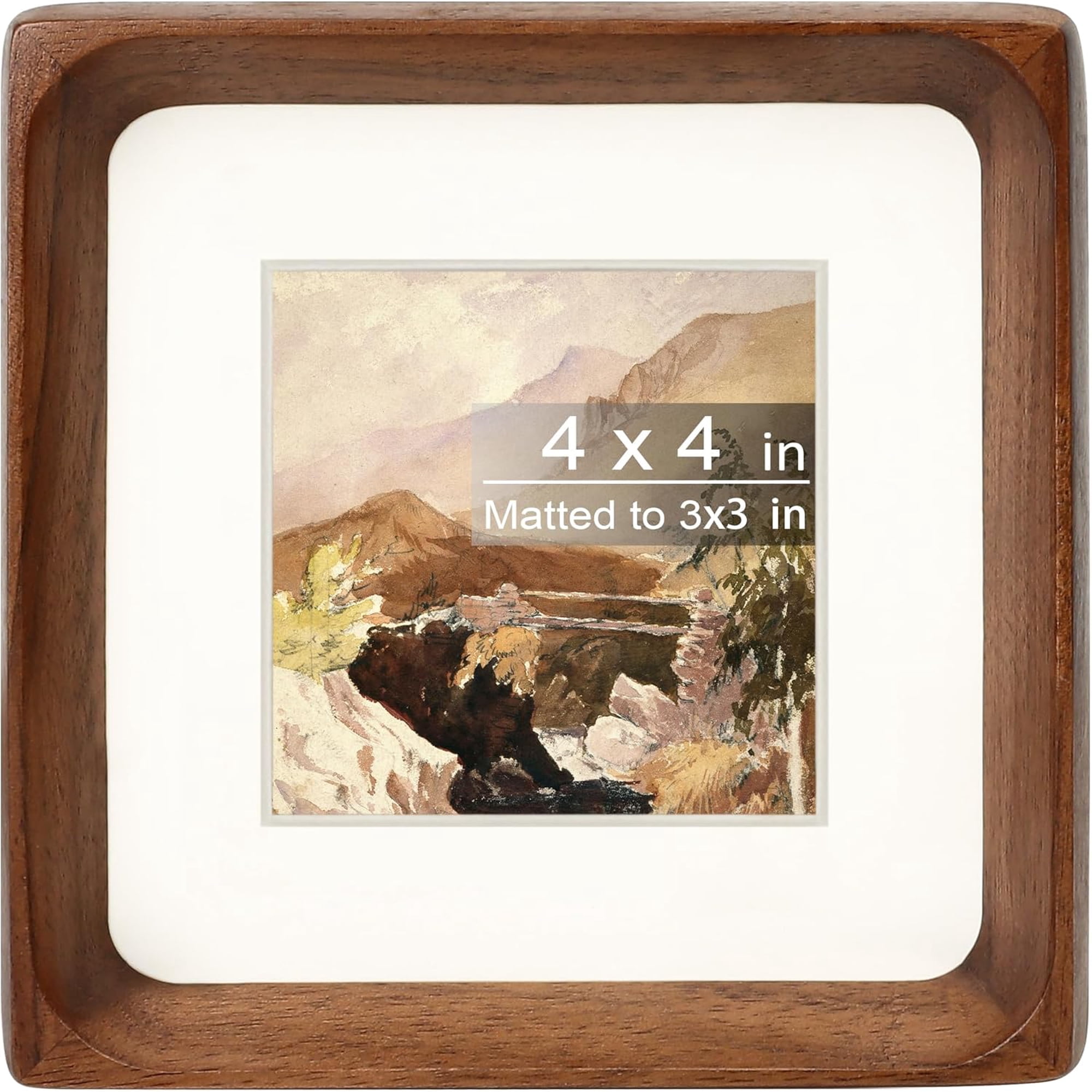 Square 4x4 Picture Frame with Mat for 3x3, Natural Walnut Wood Handcrafted Rounded Corner with Real Glass, Vertical or Horizontal Display Photo Gallery Wall & Tabletop Frame