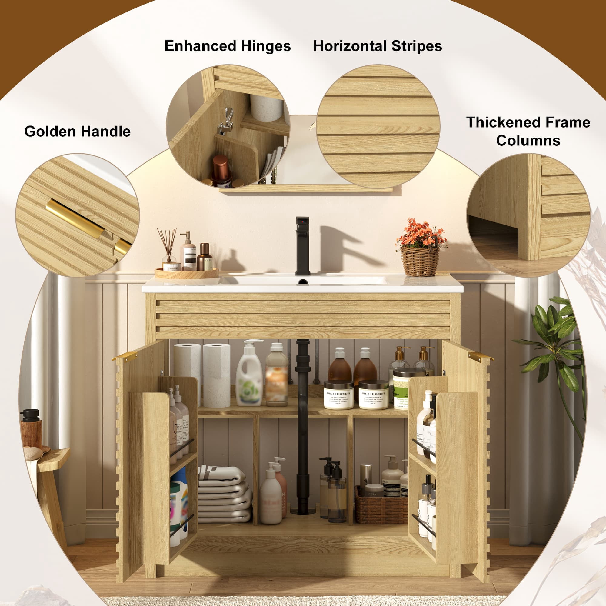 36" Modern Bathroom Vanity with Sink and Faucet Combo, Double Fluted Door Vanity Set, Ceramic Integrated Basin, 6-Tier Smart Storage Organization