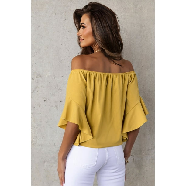 ABPHQTO Blusas amarillas lisas con hombros descubiertos para mujer Walmart en linea