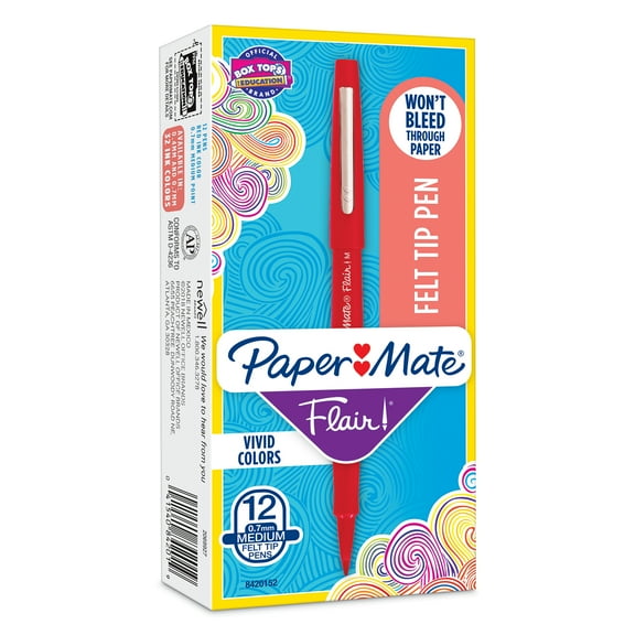 Paper Mate Flair Felt Tip Pens, Medium Point (0.7 mm), Red, 12 Count