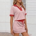 thumbnail image 6 of 2 Piece Skirt Sets for Women Trendy Striped Summer Outfits Short Sleeve Lapel V Neck Top & Mini Skirts, Red M, 6 of 8