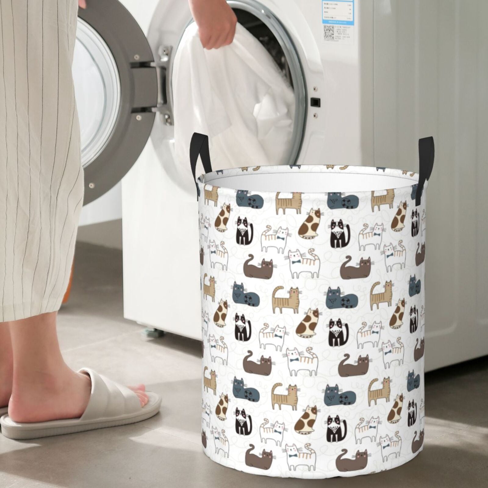 Large Laundry Basket with Handles - Minimalist Cute Cartoon Cat Kids Baby Dirty Clothes Laundry Hamper for Bedroom Aesthetic