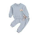 thumbnail image 1 of Kids Baby Solid Color Clothes Set, Baby Rainbow Embroidery Long Sleeve O-neck Tops + Drawstring Waist Long Pants, 1 of 8