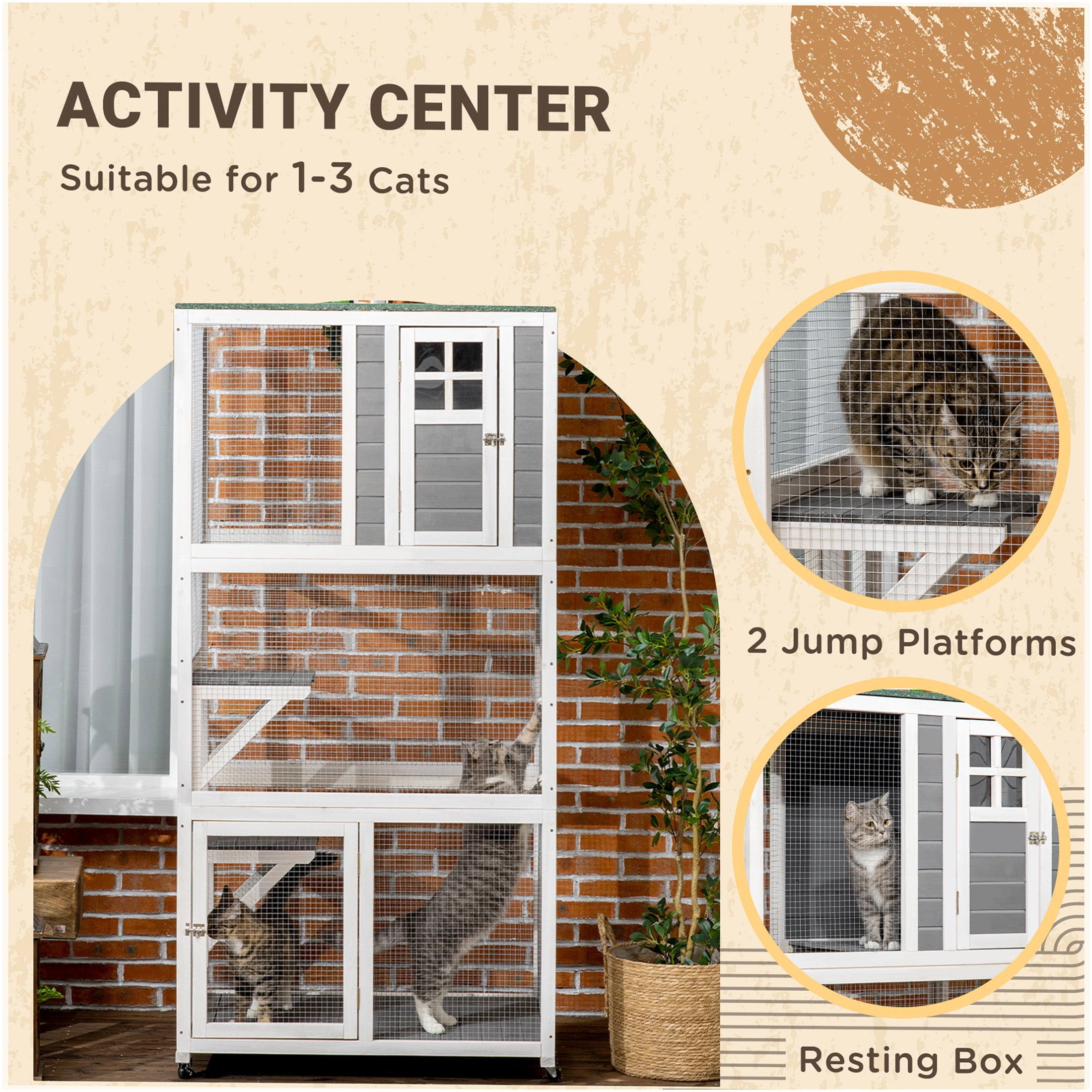 JERFIT 74 Inch Outdoor Cat House with Wheels, Weatherproof Wooden Catio Enclosure, Large Gray Cat Cage Condo for Indoor Outdoor Use