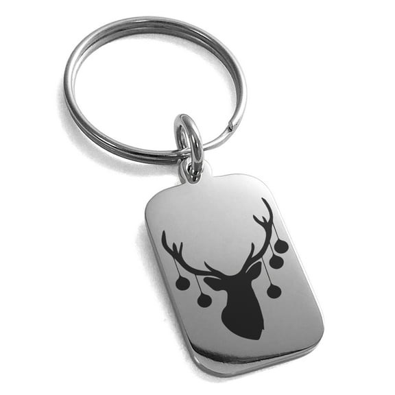 Stainless Steel Ornament Reindeer Engraved Small Rectangle Dog Tag Charm Keychain Keyring
