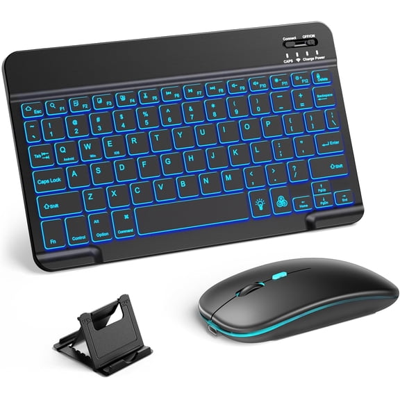 Bluetooth Keyboard and Mouse for iPad-Rechargeable Wireless Keyboard | for iPad 11th/10th/9th Gen, Pro/Air/Mini, iPhone, Ultra-Slim Tablet Keyboard and Mouse with 7-Color Backlit, Black