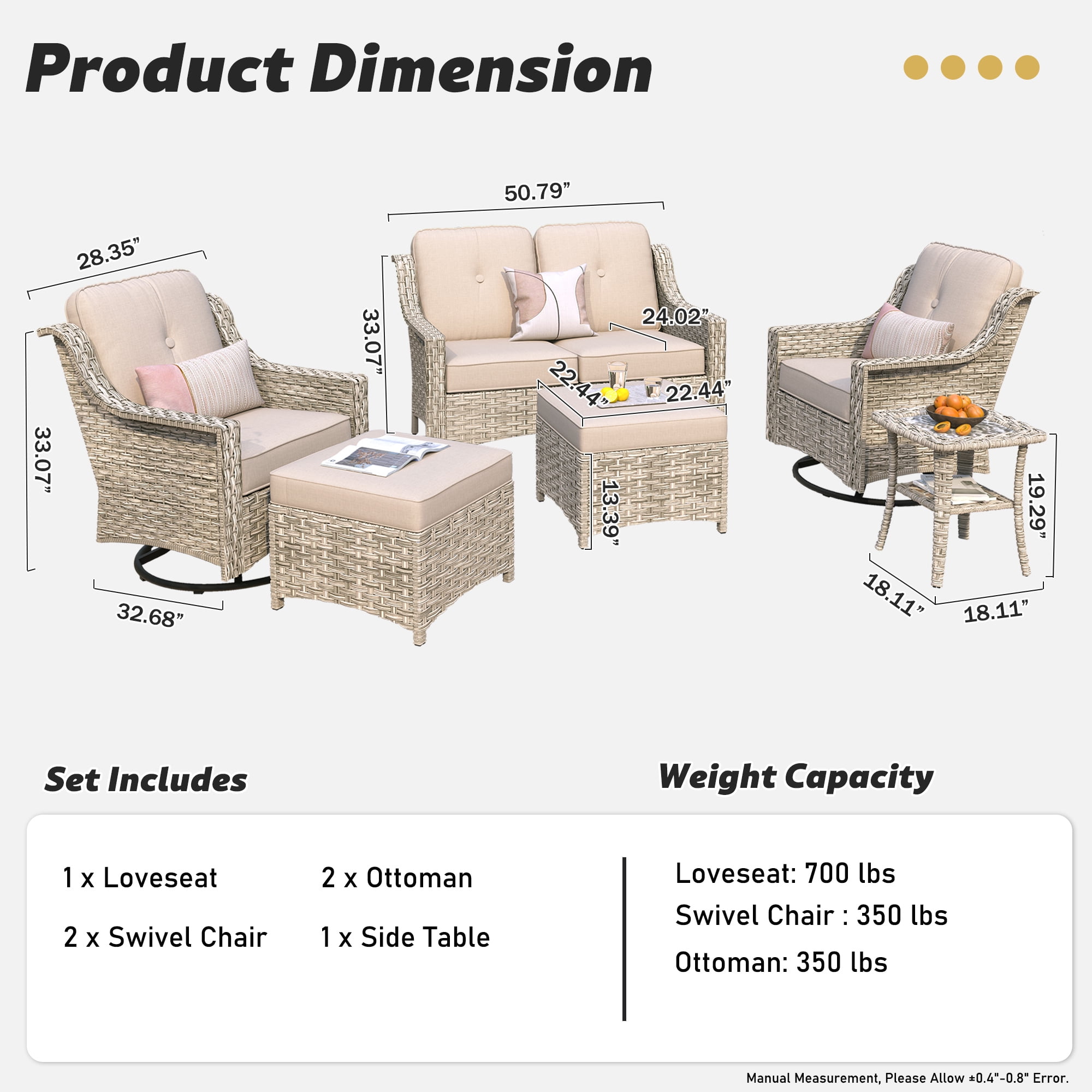 Ovios 6 Pieces Patio Furniture Set All-Weather Outdoor Sectional Patio Sofa Wicker Rattan Conversation Set with Swivel Rocking Chairs for Backyard