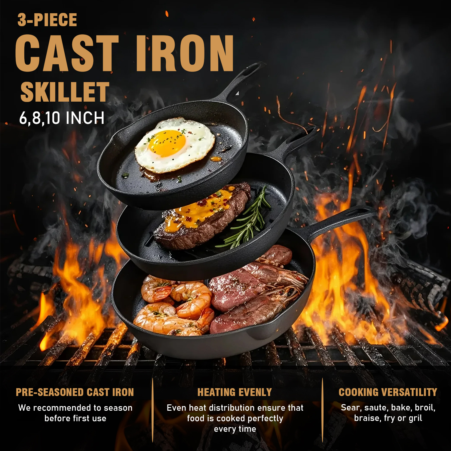 TAIMASI Cast Iron Skillet Set, 3-Piece, Pre-Seasoned, 6" 8" 10" photo 3