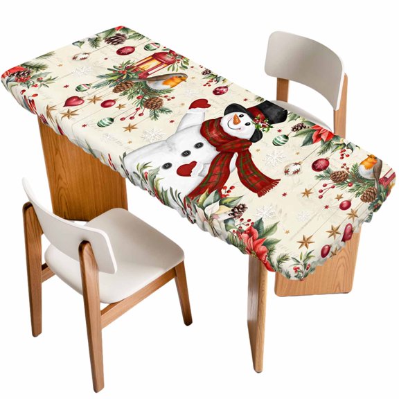 Christmas Table Cloths for 8 Foot Rectangle Tables, Snowman Xmas Tree Snowflake Winter Bird Poinsettia Patio Waterproof Elastic Fitted Tablecloths, Washable Rectangular Table Cover for Camping