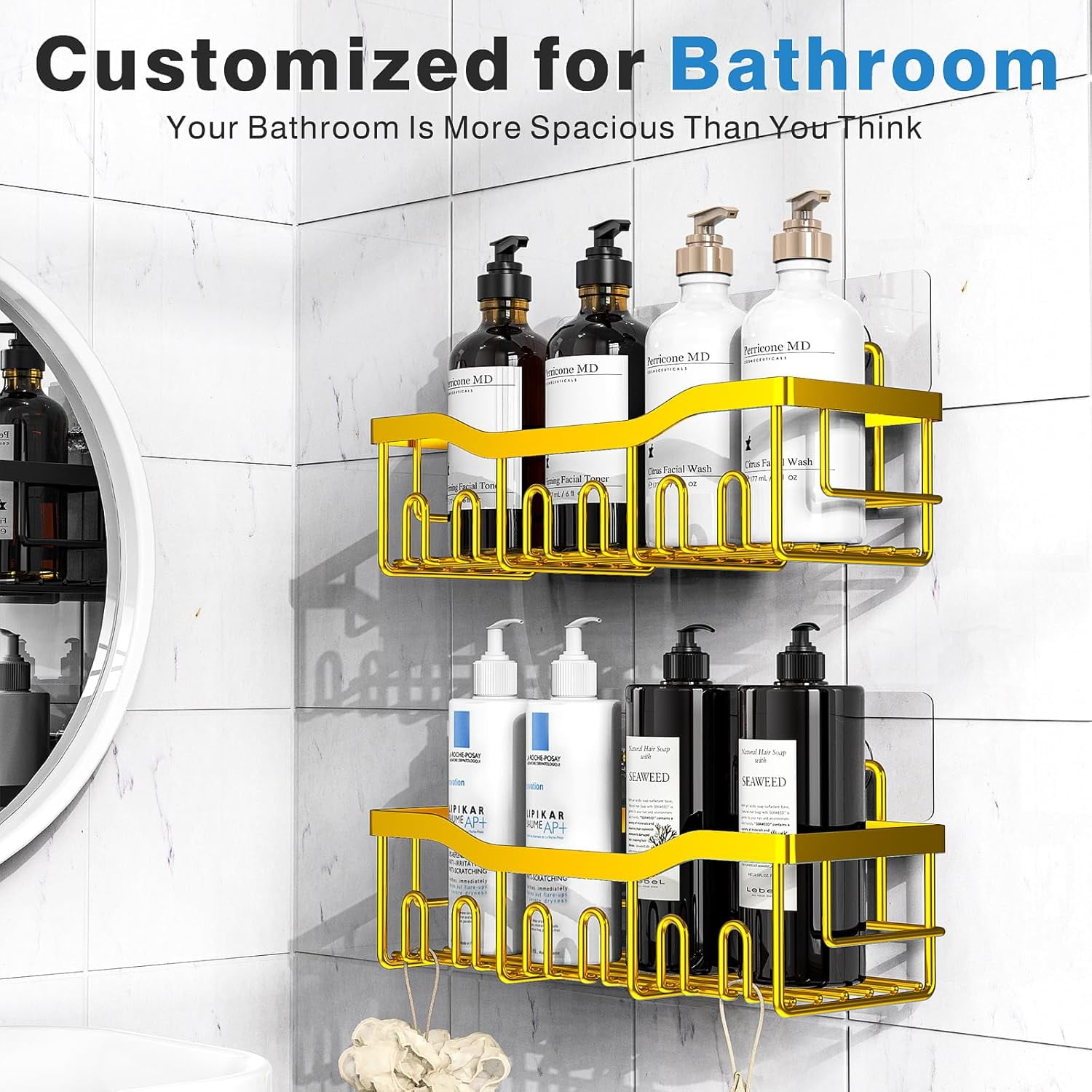 Shower Caddy 2 Pack, Adhesive Organizer for Bathroom Storage, Home Decor & Kitchen, No Drilling, Rustproof Stainless Steel Shelf, Bathroom Decor Sets