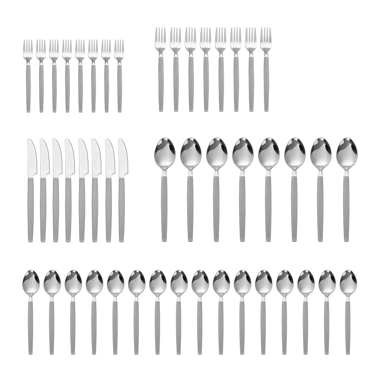 Mainstays 48 Piece Stainless Steel and Plastic Flatware Set with Tray, Gray, Service for 8
