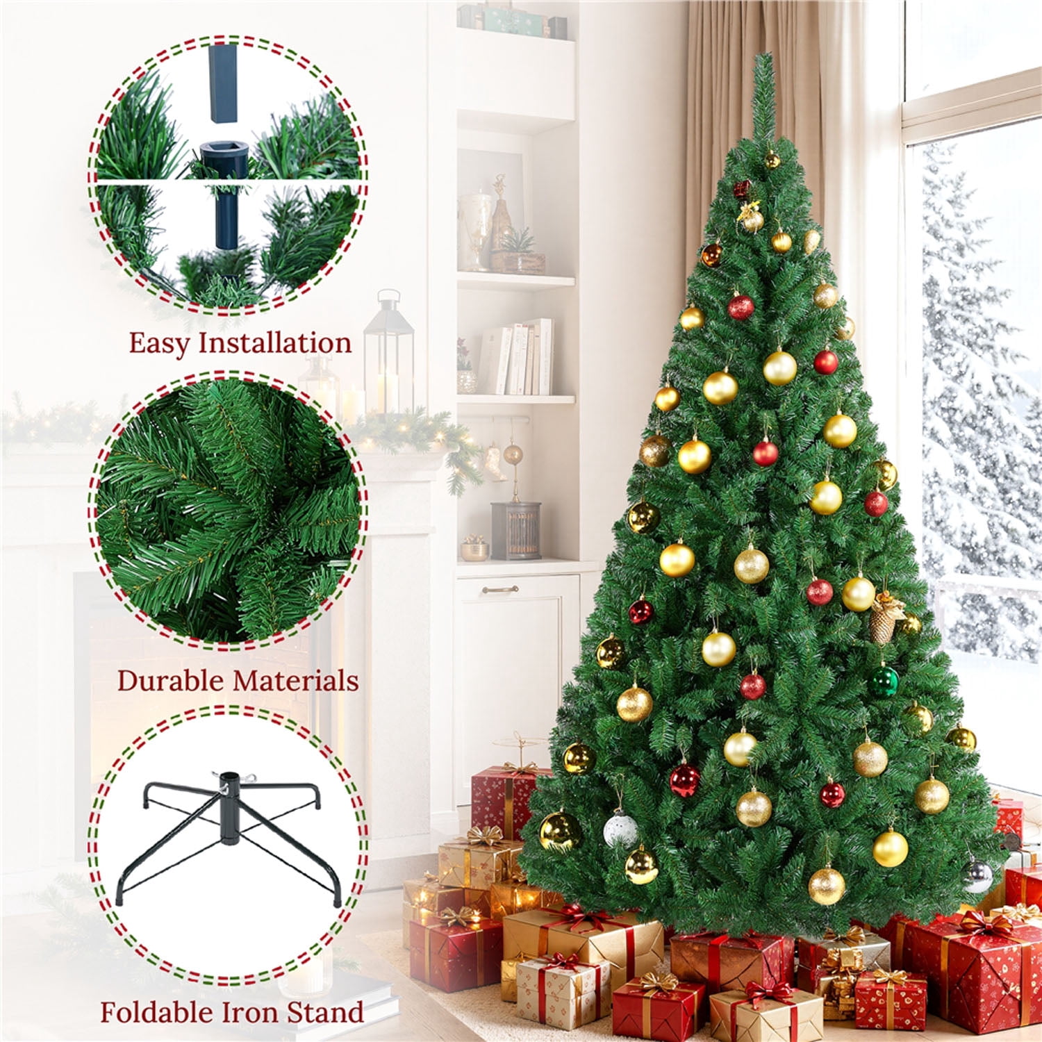 Alden Design 7.5FT Lifelike Artificial Christmas Tree with PVC Tips and Foldable Stand, Green