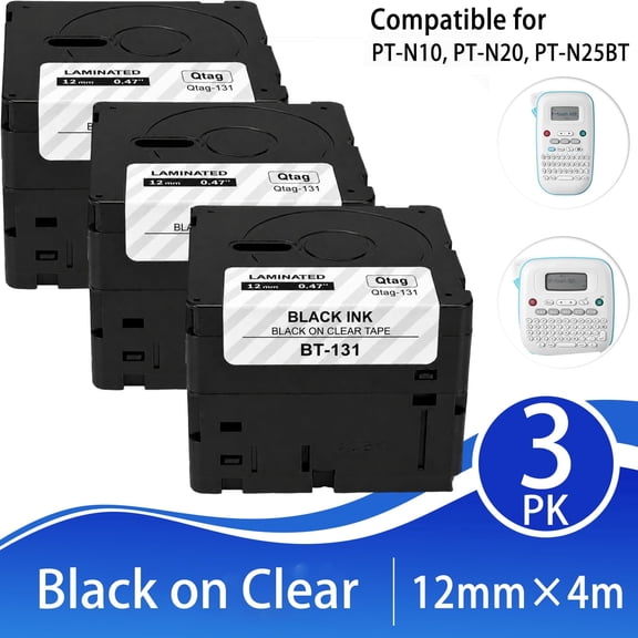Compatible with Brother Btag-131 Btag Label Tape 12mm 0.47 Clear, P Touch Label Maker Tape for Brother PT-N10 PT-N20 PT-N25BT Label Makers, Black on Clear, 12mm x 4m, Laminated adhesive backing techn