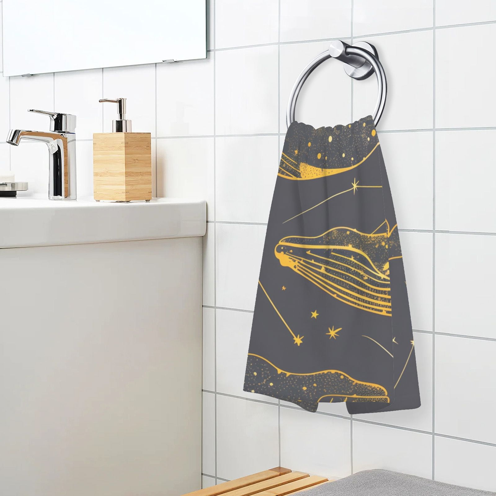 Gold Line Whale Hand Towels Cotton Bath Towels Large Face Towels Absorbent for Bathroom 2 Packs
