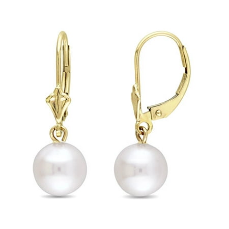 Miabella 8-8.5mm White Cultured Freshwater Pearl 10kt Yellow Gold Leverback Earrings
