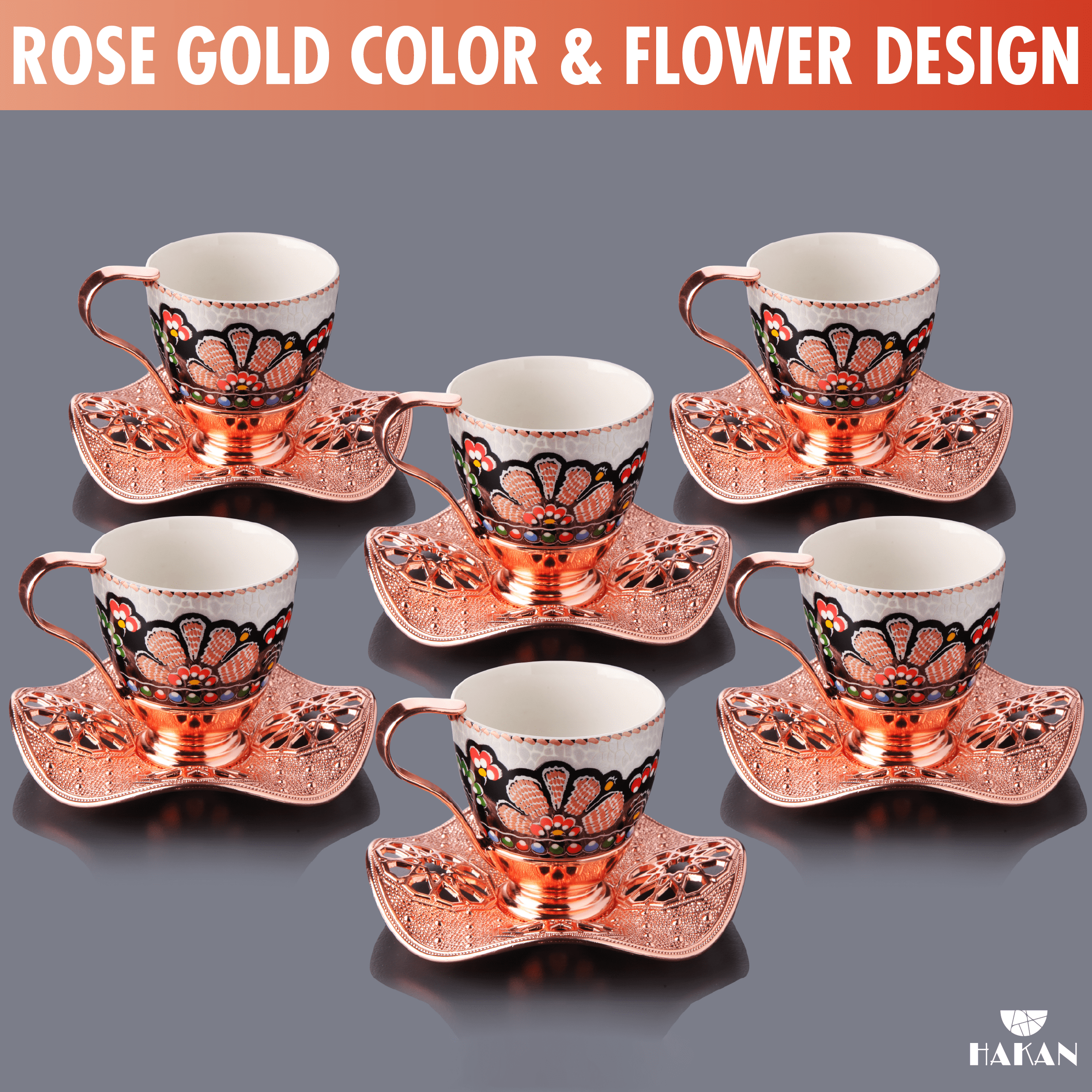 Turkish Coffee Cup Set of 6 with Handmade Wavy Design Saucers and Cup Holders | 18-Piece Elegant Rosegold Espresso Mugs for Authentic Turkish, Greek and Arabic Coffee Experience, 3 oz
