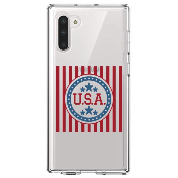 DistinctInk Clear Shockproof Hybrid Case for Samsung Galaxy Note 10 (6.3" Screen) - TPU Bumper Acrylic Back Tempered Glass Screen Protector - USA Banner Flag Red White & Blue