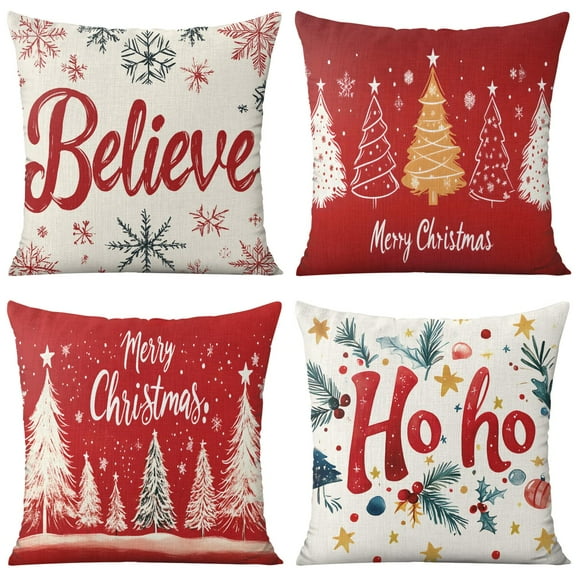 Merry Christmas Winter Snowflake Believe Throw Pillows Cover Beautiful Square Cushion Covers 4 Pack Fashion Throw Cushion Case for Indoor Home Bedroom