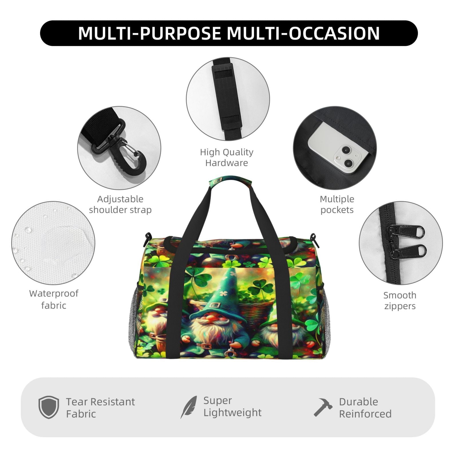 Fuzoiu St. Patrick's Day USA Flag Print Travel Duffle Bag,Carry On Tote Bags,Duffel Bag,Sport Gym Bag, Hospital Bag for Labor and Delivery, Overnight Bag,Luggage Bag