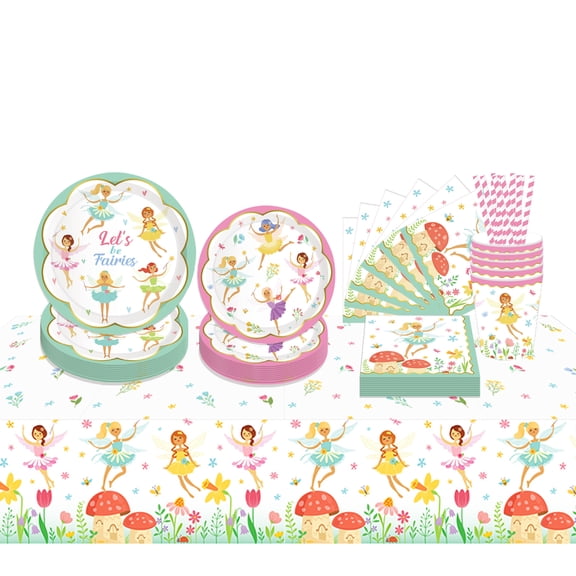 ZOOMPIL Fairy Dinnerware Party Bundle, Fairy Birthday Party Decorations Dinnerware - Includes Tablecloths, Paper Cups, Plates, Straws, Napkins, for Birthday Shower Decorations, 8 guest