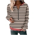 thumbnail image 2 of Htigea Half Zipper Sweatshirts for Women Preppy Striped Long Sleeve Pullovers Casual Loose Fit School Girl Sweatshirt Tops Khaki L, 2 of 3