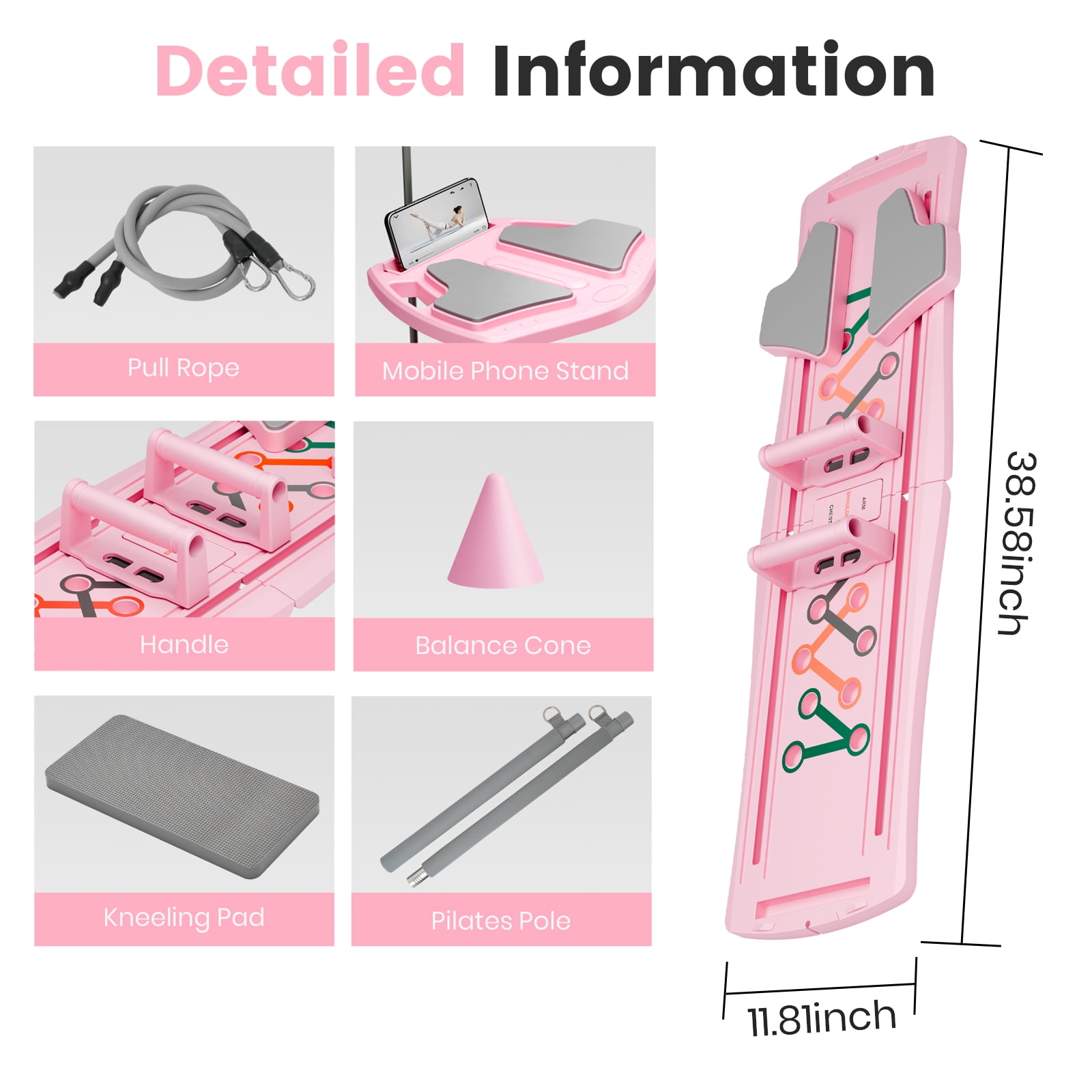 RICAN Pilates Board, Foldable Pilates Abdominal Board for Core Strength Training, Multi-Purpose 7 in 1 Pilates Reformer Machine for Women Workout, Exercise, Fitness, Abs, Pink