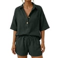 thumbnail image 2 of Women 2 Piece Linen Short Sets 2026 Summer Vacation V Neck Short Sleeve Beach Outfits Oversized Button Casual Suits Dark Green M, 2 of 7