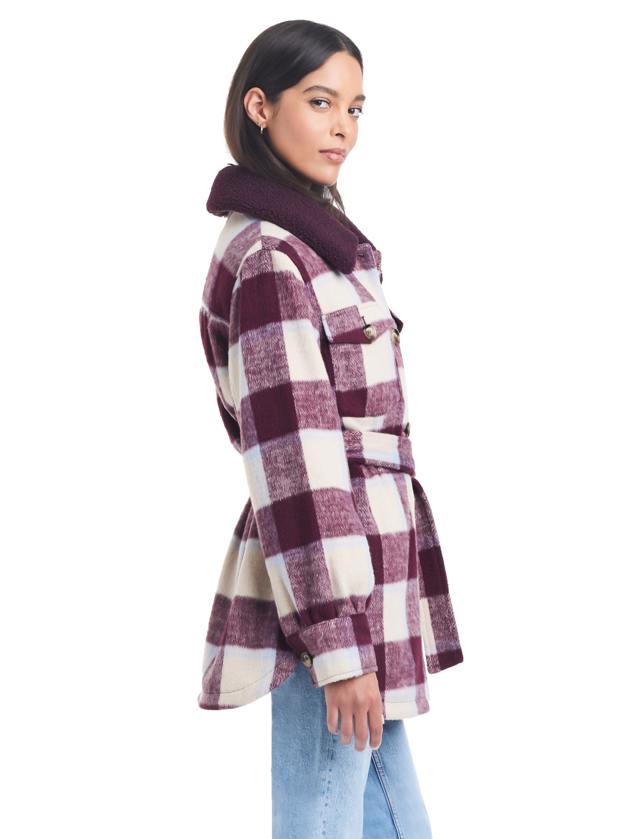 Sam & Libby Ladies Long Sleeve Faux Wool Plaid Shacket