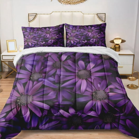 Quilted Comforter Duvet, All Season Duvet, Soft Bedding 3 Set, 1 Duvet Comforter & 2 Pillow Case, Purple Flower, Twin