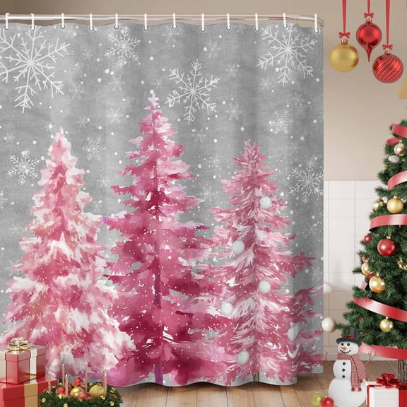 Grey Pink Christmas Shower Curtain, Xmas Tree Snowflake Winter Waterproof Fabric Shower Curtains with 12 Hooks, Bathroom Curtain Set for Bathroom Accessories Decor, 72 x 96 Inches