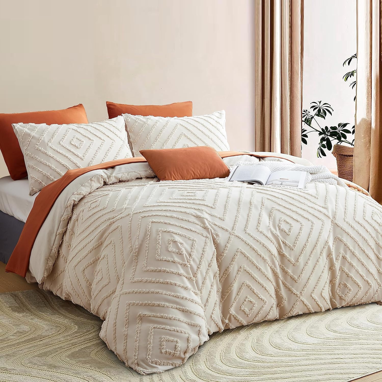 Nayoroom 3 Pieces Jacquard Geometric Pattern Tufted Duvet Cover Soft Lightweight Beige Duvet Cover Set Boho Shabby Chic Bedding Set,Queen size