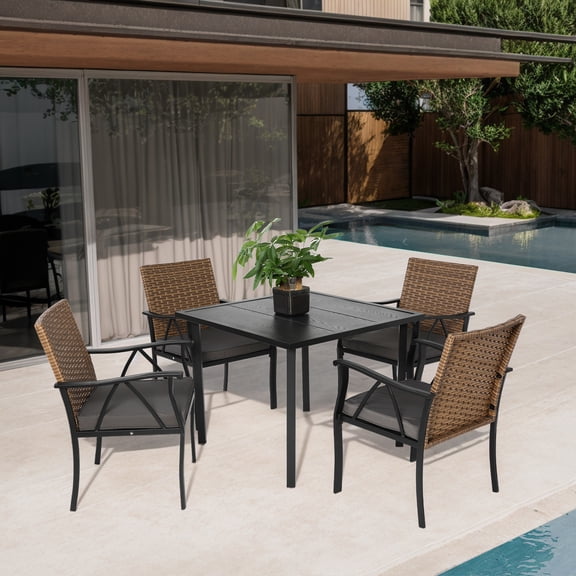 5 Pieces Patio Dining Set, Outdoor Table Set for 4 With Umbrella Hole And 4 Wicker Back Chairs, Square Patio Table And Chairs Dining Set For Outdoor Deck, Yard, Patio