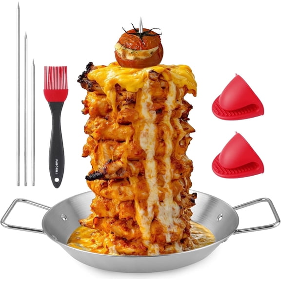 PARGRILL Al Pastor Skewer for Grill Stainless Steel Shawarma Skewer Stand with 3 Spikes (8"/10"/12"),Brush & Anti-scalding Fittings for BBQ Grill Oven