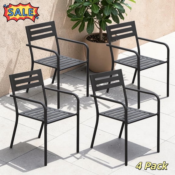 Tcbosik 4 Pack Outdoor Stackable Chairs, Heavy Duty Metal Dining Chairs, Armchair for Lawn, Deck, Patio, Garden, Backyard, Black