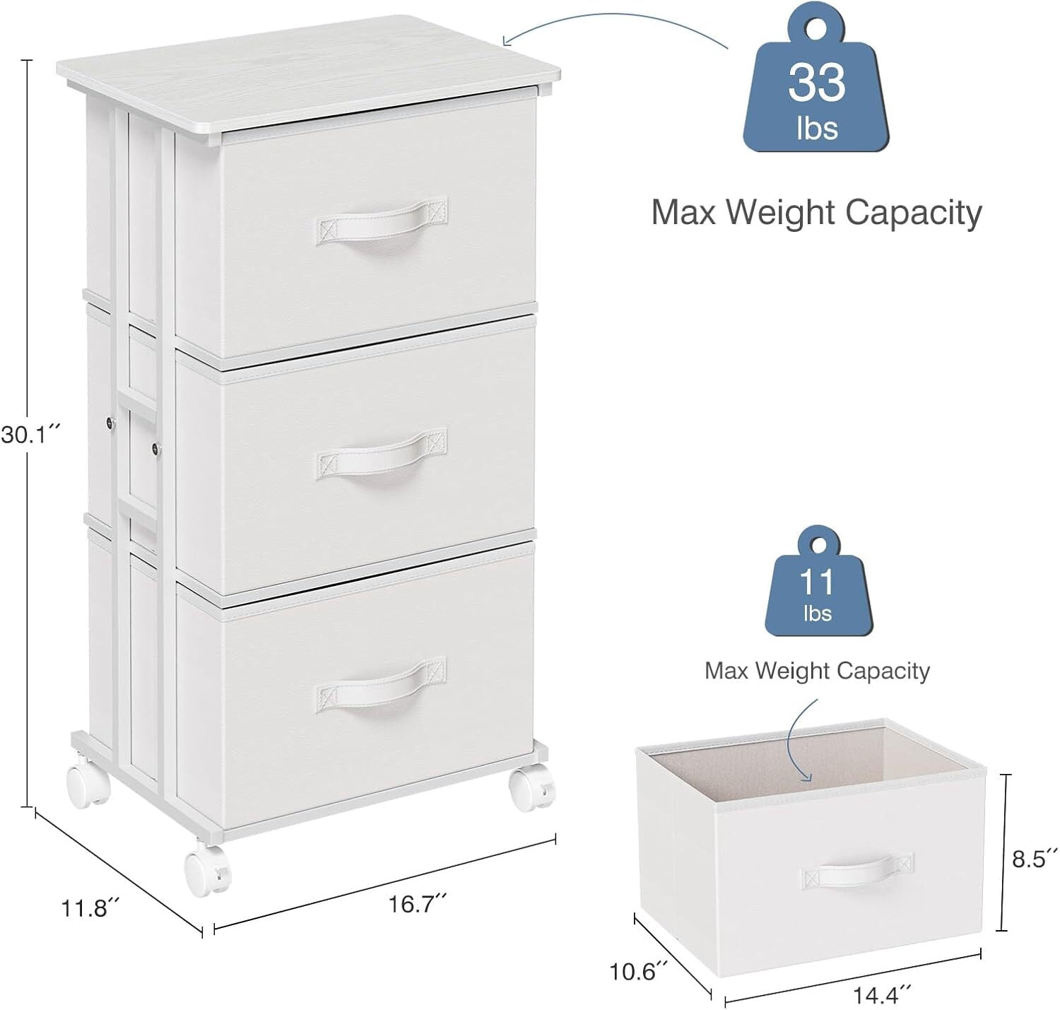 Bigleap 3-Drawer Rolling Fabric Dresser, Small Space Storage Cabinet with Wheels, Mobile Nightstand for Bedroom, Closet, Entryway, White
