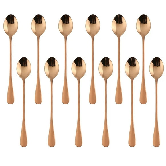 Stainless Steel Bowl! Fdelink Spoon X 12 Pieces (12 Pieces Per Pack), Copper Long Handle Spoon 7.5” Stainless Steel Ellipse Mixing Spoon Coffee Ice Spoon Cocktail Mixing Flatware Spoon Set for 12