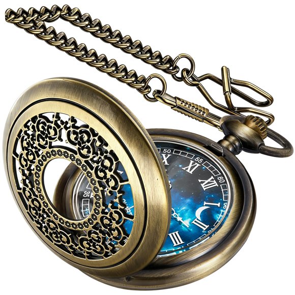 Reloj de bolsillo Tiong 45 mm azul estrellado con cadena de 380 mm