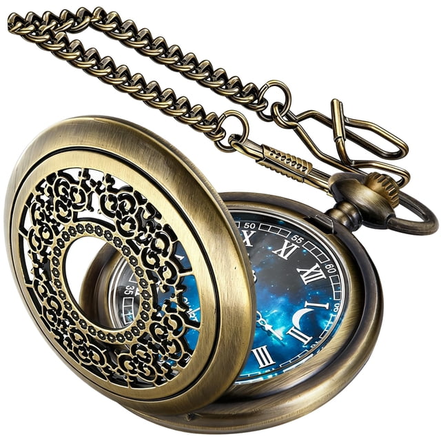 Reloj de bolsillo Tiong 45 mm azul estrellado con cadena de 380 mm