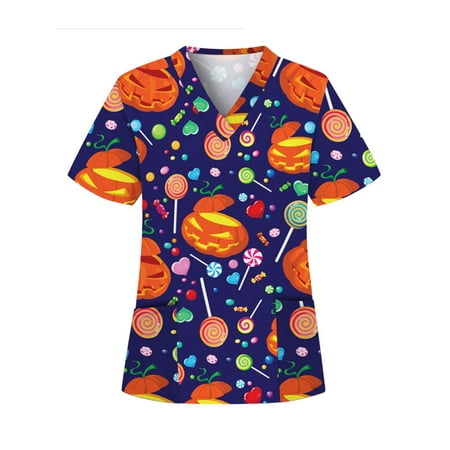 

Sexy Dance Women Casual Tunic Shirts Halloween Cartoon Print Loose V Neck Scrub Tops Workwear Short Sleeve Pullover Top Shirts