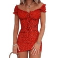 thumbnail image 2 of Womens Sexy Floral Mini Dress Off The Shoulder Lace Up Ruffle Bodycon Dresses Beach Party, 2 of 9