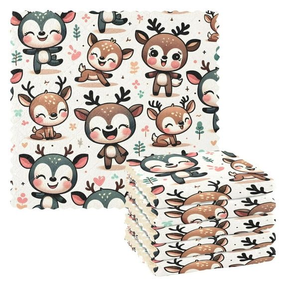 6 Packs Cute Happy Deers Kitchen Dish Towels Soft Absorbent Dish Cloths 11"x11"