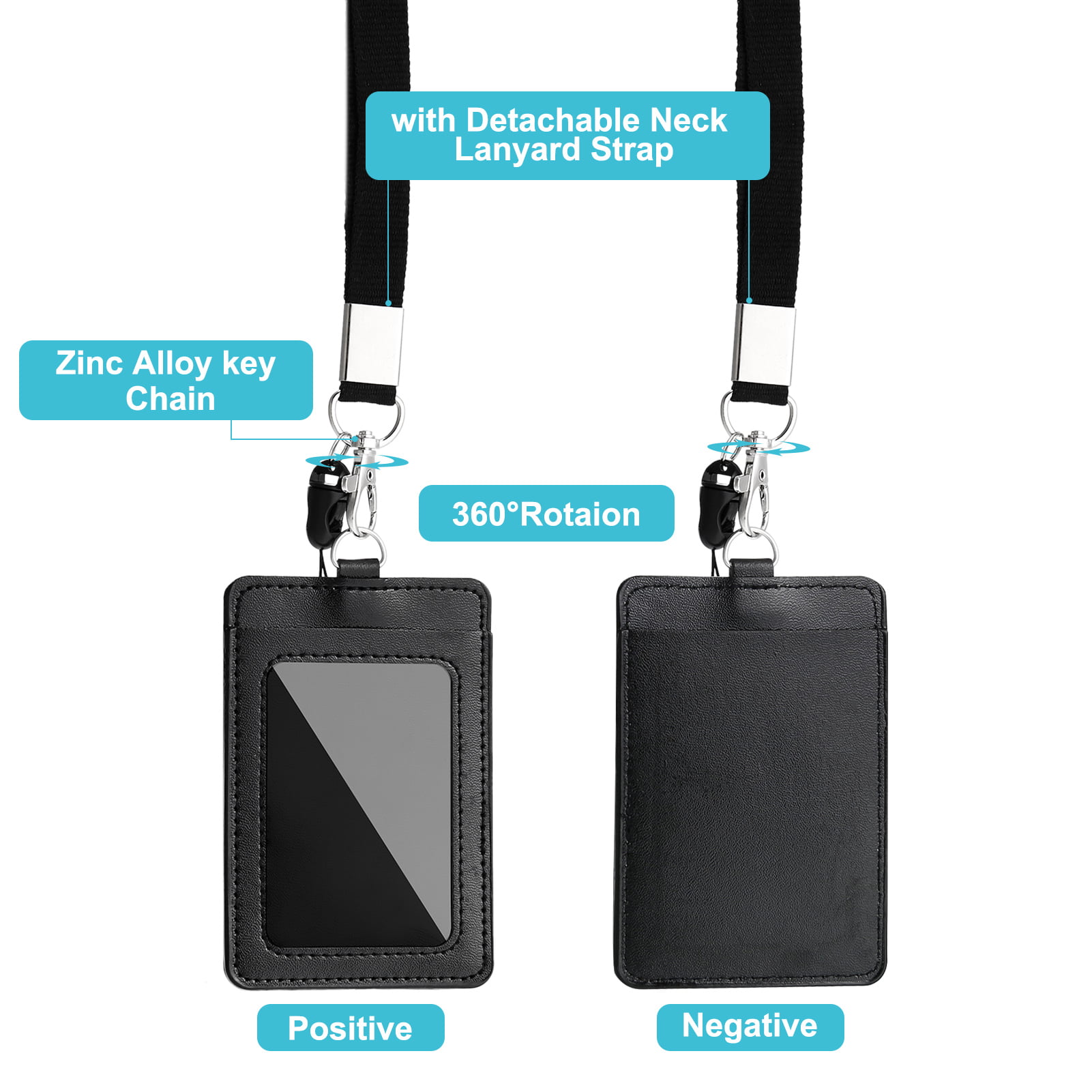 ZANQU 2 Pack Badge Holders, Detachable Neck Strap and Retractable Badge Reel Lanyard with Waterproof ID Card Holder Set (Horizontal 2 Pack, Black)