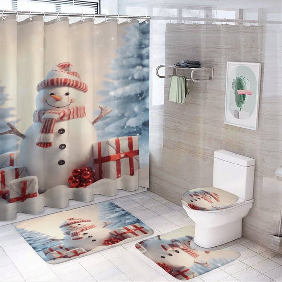 Christmas Trees, Snowmen Shower Curtain Home Decor, Polyester Cotton Fabric Waterproof Modern Bath Curtain with 12 Hooks 72x72 Inch